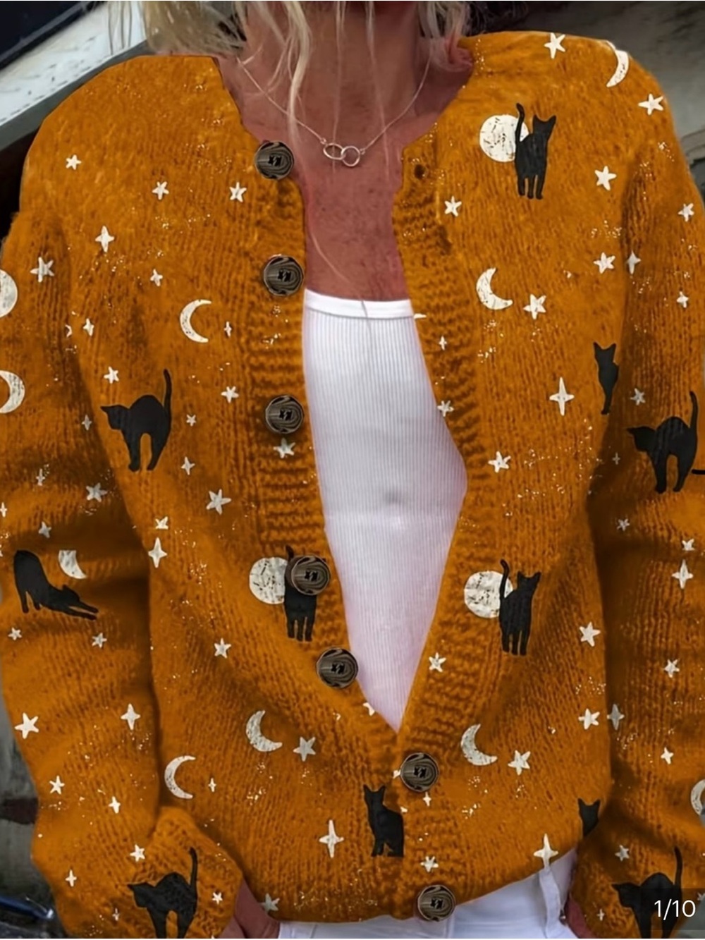 Black Cat Moon & Stars Cardigan Rusty Orange Halloween Sweater